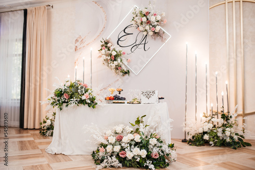 beautifully set table at a wedding banquet with delicious food and alcohol  