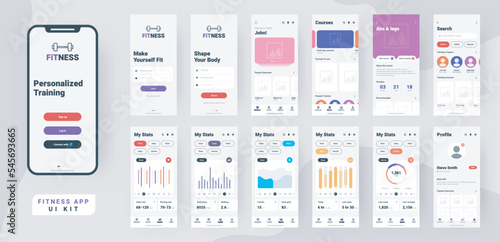 Fitness mobile app material design with different gui screens including sign create profile, workout and statistics features.