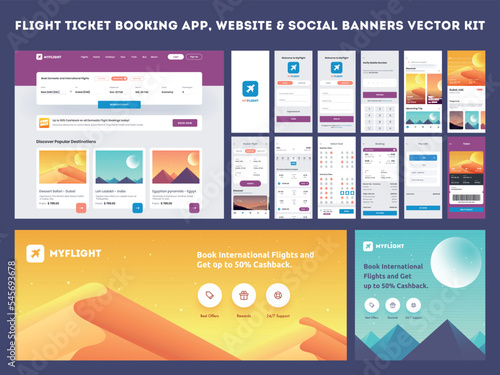 Online Flight Booking App onboarding website banner or template kit, Travel, Insurance, Air ticket; Holiday planning, Book your air flight and Flight No.