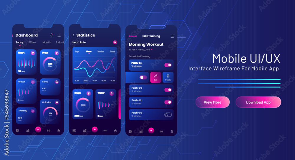 Mobile UI/UX web banner design with analysis mobile app screen on blue circuit background.