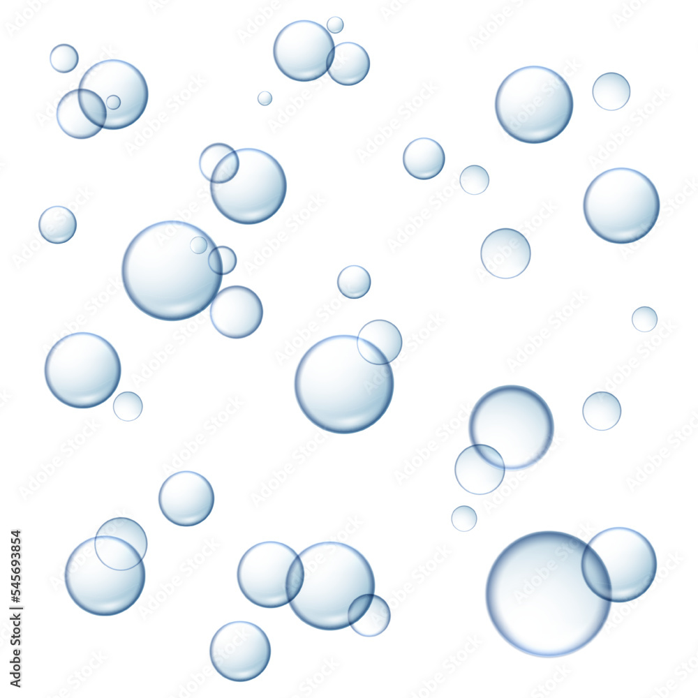 3d realistic vector illustration. Water soap bubbles. Isolated on white background.