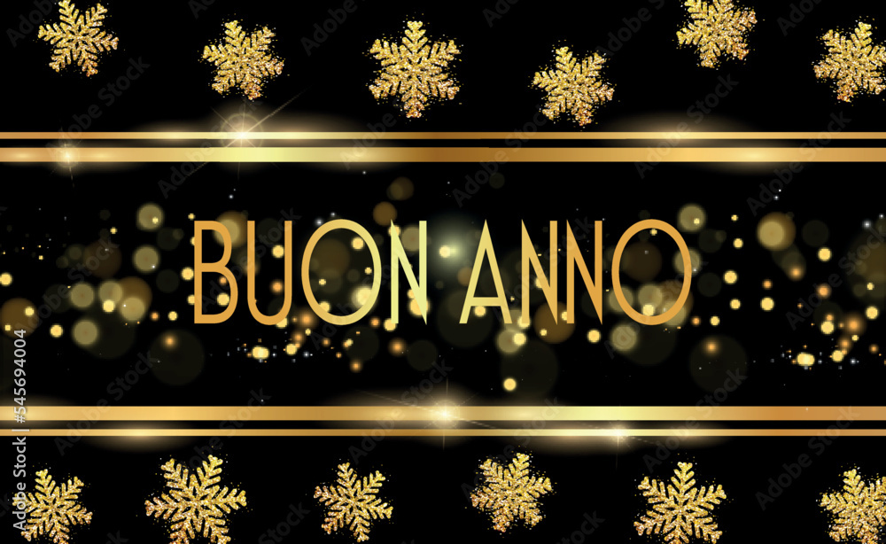biglietto o striscione per augurare un felice anno nuovo in oro tra due righe in alto e in basso su sfondo nero con stelle, glitter color oro e cerchi dorati effetto bokeh
