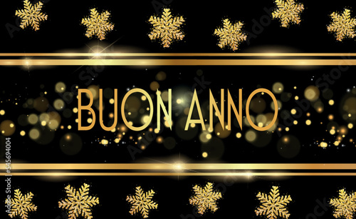 biglietto o striscione per augurare un felice anno nuovo in oro tra due righe in alto e in basso su sfondo nero con stelle, glitter color oro e cerchi dorati effetto bokeh