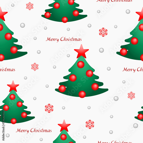Christmas trees seamless pattern. Ornaments, snowflakes, stars and snow. Inscription Merry Christmas. Prints, packaging template, wrapping paper, textiles and wallpaper.