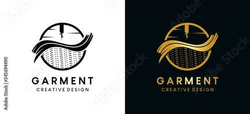 Garment logo design with sewing machine needle concept and fabric icon