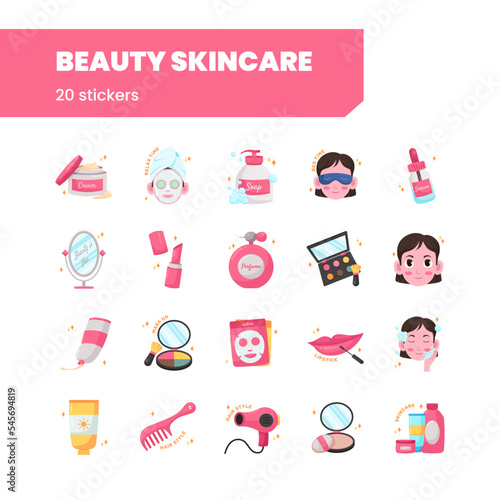 beauty make up skincare routine product for woman skincare sticker illustration set