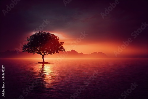 Tree in middle of sea sunset light Generative AI