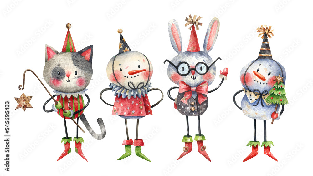 Snowman Cat Rabbit Collection of watercolor illustrations of cute cartoon characters - cat ...