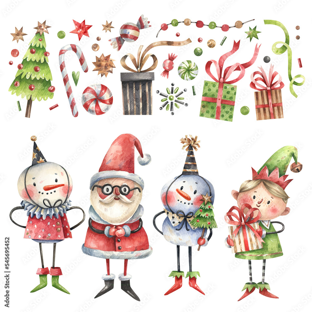 Naklejka premium Snowmen, Santa Claus, elf and holiday elements cartoon collection. Watercolor illustrations for Christmas, New Year decor.