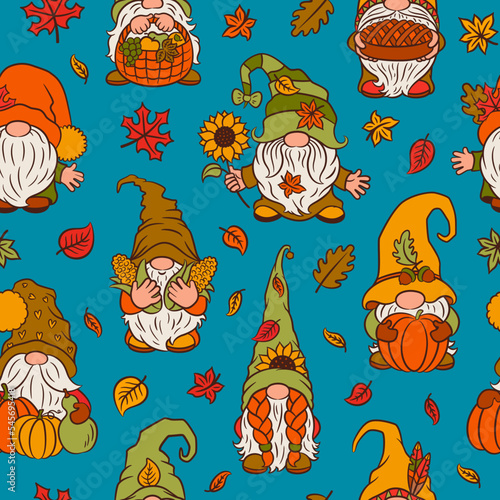 Thanksgiving gnomes seamless pattern fall design. Cute scandinavian gnome autumn cartoon characters repeat design.