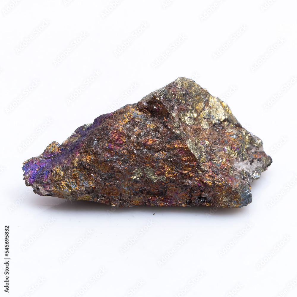 Natural stone chalcopyrite on a white background. Mineral of golden color on a white background Natural stone chalcopyrite on a white background. Mineral of golden color on a white background