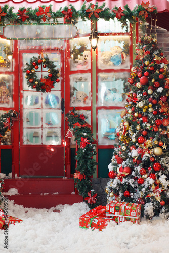 Christmas, New Year interior with red showcase, porch, fur-tree, gifts and snow