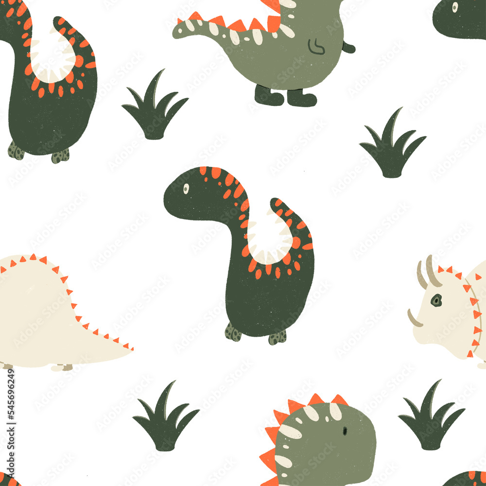 Fototapeta premium Seamless pattern Cute baby dinosaurs hand drawn