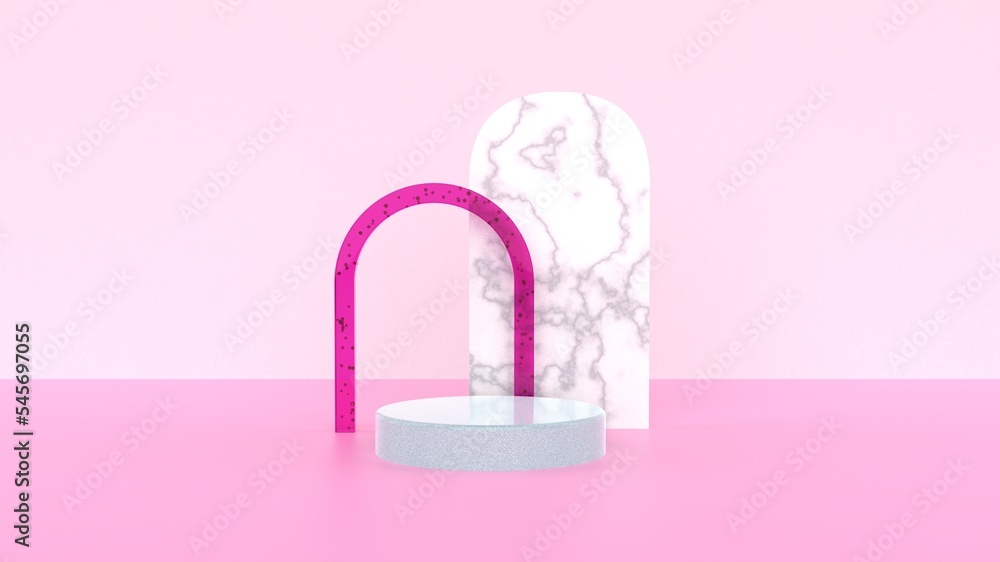 3D render of podium to display product. Cometic product display podium with pink background. High resolution podium render for display product. Platform for cosmetic product showcase	