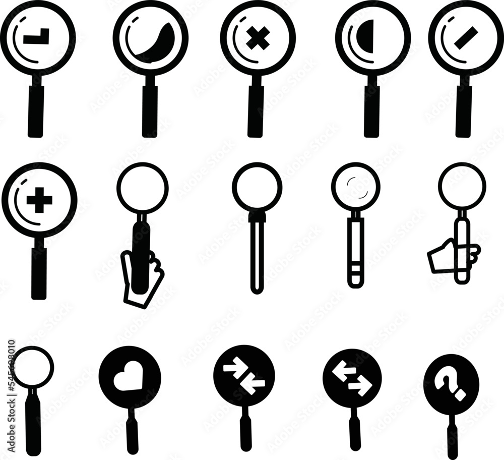 Design of silhouette-set of magnifying glasses with different signs Design of silhouette-set of magnifying glasses with different signs