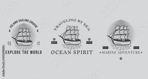 Three pirate ships sailing the oceans in search of adventure. Logos, tattoos, stickers, patches, embroidery on clothes, prints on T-shirts