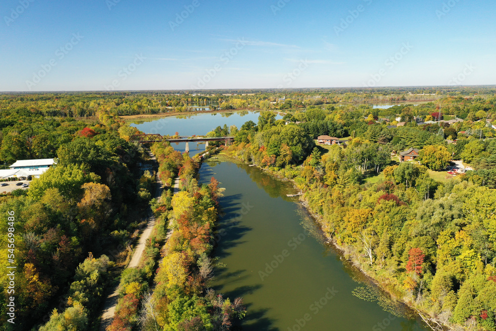 Colorful aerial view of Waterford, Ontario, Canada in the autumn