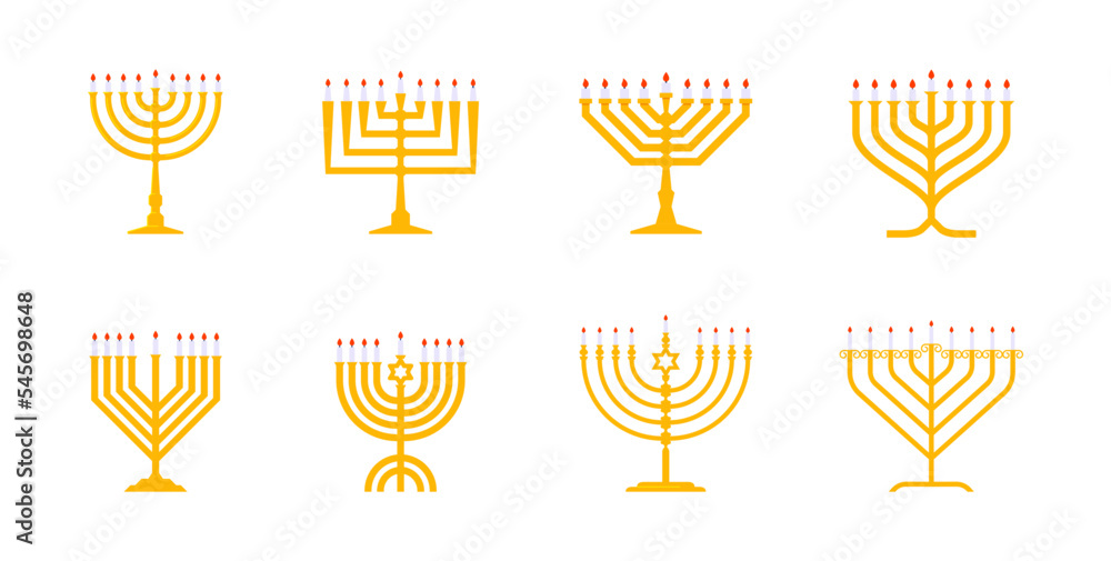 Set golden Hebrew Hanukkah menorah with nine candles vector illustration
