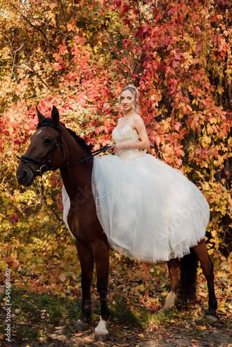 Beautiful bride in white dress sitting on a horse in the autumn forest