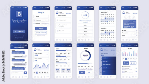 Set of UI, UX, GUI screens Banking app flat design template for mobile apps, responsive website wireframes. Web design UI kit. Banking Dashboard.