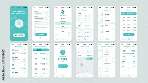 Set of UI, UX, GUI screens Ecology app flat design template for mobile apps, responsive website wireframes. Web design UI kit. Ecology Dashboard.