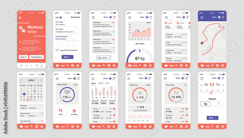 Set of UI, UX, GUI screens Fitness app flat design template for mobile apps, responsive website wireframes. Web design UI kit. Fitness Dashboard.