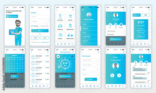 Set of UI, UX, GUI screens Medicine app flat design template for mobile apps, responsive website wireframes. Web design UI kit. Medicine Dashboard.
