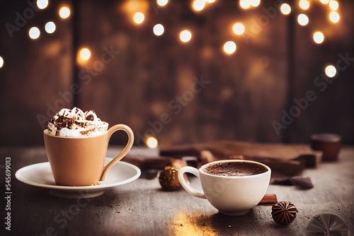 Fototapeta Hot chocolate on dark wooden table, festive lights background
