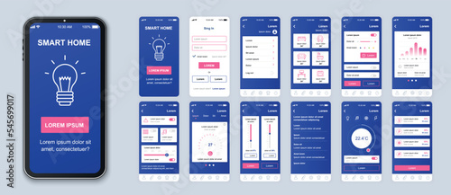 Smart home mobile app interface vector templates set. Remote temperature control. Web page design layout. Pack of UI, UX, GUI screens for application. Phone display. Web design kit