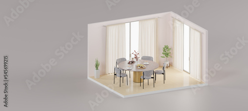 Isometric realistically Living room open inside interior architecture  3d rendering.
