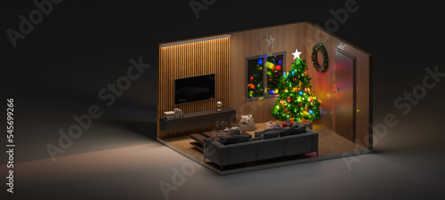 Isometric room merry christmas themes event with house decoration. 3d rendering.