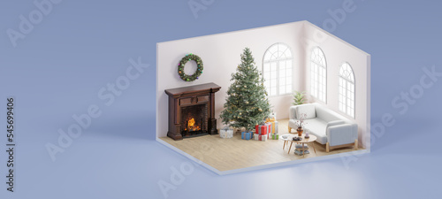 Isometric room merry christmas themes event with house decoration. 3d rendering.
