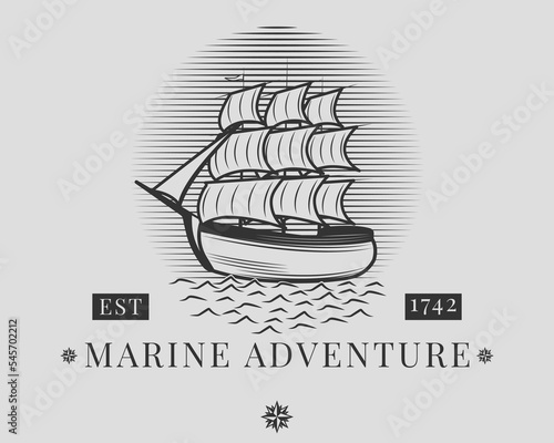 A pirate ship Marine Adventure that sails the oceans in search of adventure. Logos, tattoos, stickers, patches, embroidery on clothes, prints on T-shirts