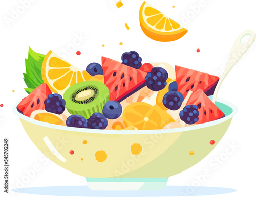Bowl of fruit salad on white background