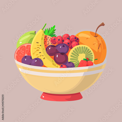 Bowl of fresh fruits on pink background