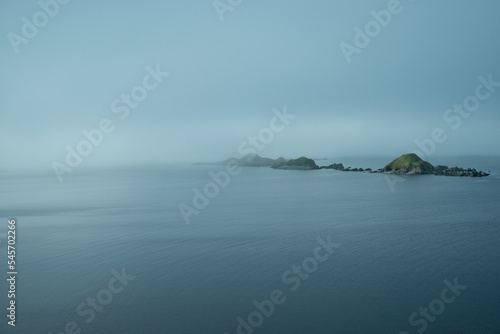 Fog over small islands in Newfoundland