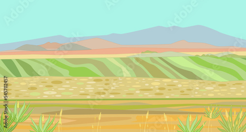 Cartoon landscape with plain and mountains