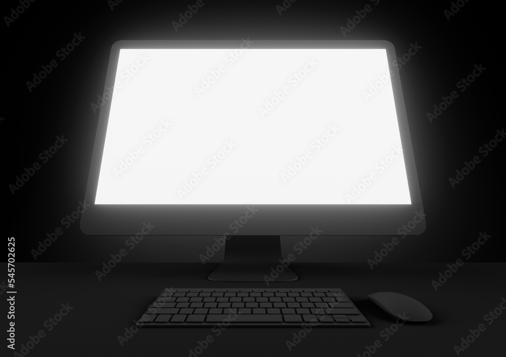 Black Friday / Cyber Monday. Desktop computer with bright screen and mouse and keyboard. Black background. Copy space. Online shopping. Black Friday / Cyber Monday. Desktop computer with bright screen and mouse and keyboard. Black background. Copy space. Online shopping.