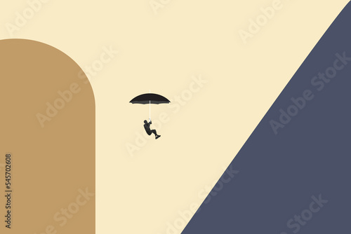 businessman falling down from the sky with umbrella. Business and financial crisis vector concept in minimalist art style. Symbol of recession, bankruptcy, market crash.