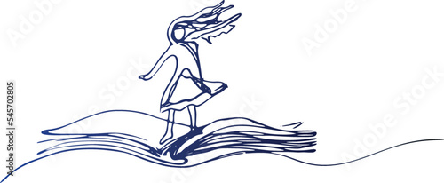line drawing of a little girl student or preschooler flying on a magic book. Happy children flying on a book. The concept of the power of knowledge. Dynamic draw graphic design vector illustration