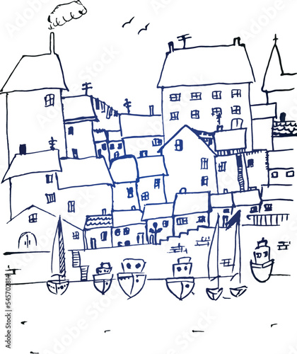 Vector sketch of embankment and medieval buildings. The former center of the medieval harbor