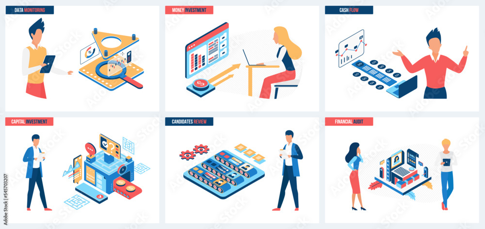 Financial data monitoring, investment and cash flow, HR management and audit set vector illustration. Cartoon tiny people monitor capital growth on screen of digital service, search for candidates