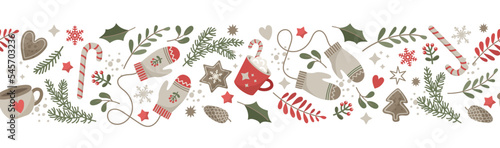 Winter elements border design. Сute and cozy seamless banner. Vector background with woolen mittens,  tea mug, coffee cup, gingerbread, winter forest foliage, snowflakes and stars