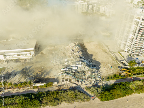 Billede på lærred Aerial drone photo of the Deauville Hotel moments after it's implosion