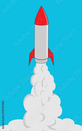 Vertical digital art of a red and grey rocket flying up