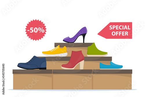 Shoes sale in store. Shoe boxes with footwear. Stylish modern sneakers, woman high heel shoes on box, side view. Price tag with discount of 50 percent. Vector illustration.