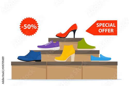 Shoes sale in store. Shoe boxes with footwear. Stylish modern sneakers, woman high heel shoes on box, side view. Price tag with discount of 50 percent. Vector illustration.