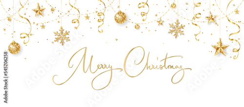 Christmas banner. Golden glitter decoration. Hand written Merry Christmas text. Holiday border, frame. Festive vector background. Garland with stars. For New Year cards, headers, party flyers