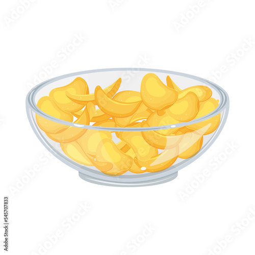 Potato chips in transparent glass bowl. Salty snack for beer. Plate of crispy snacks