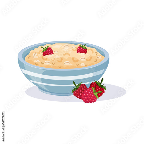 Oatmeal in blue bowl with raspberries. Fruit breakfast cereal. Vector illustration of healthy carbohydrate diet